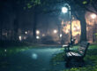 An empty bench under a street light in a park at night
