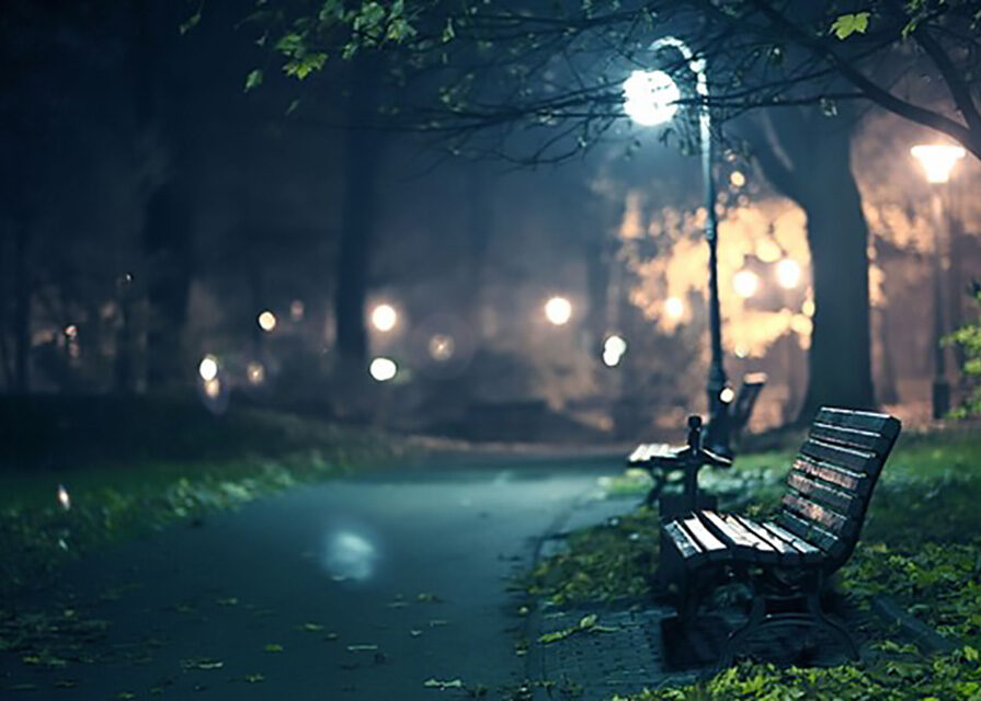An empty bench under a street light in a park at night