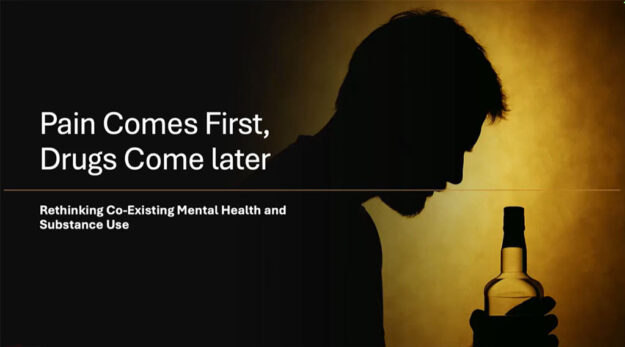 Pain-Comes-First-Drugs-come-Later Silhouette of a man holding an empty bottle