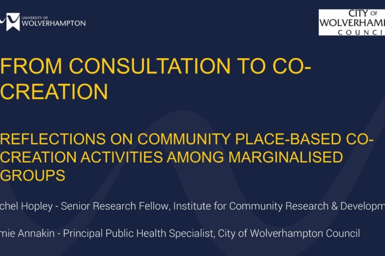 RH-Sep-webinar-title-slide Black powerpoint slide with the following in yellow coloured font From consultation to co-creation: Reflections on community place-based co-creation activities among marginalised groups