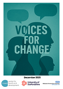 Green document cover 'Voices for Change', showing silhouette profiles of heads with speech bubbles. Dated December 2025, with partner logos below.